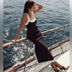 Dissh NWT Carter Black Linen Midi Dress White Trim Square Neck Women’s Size 6